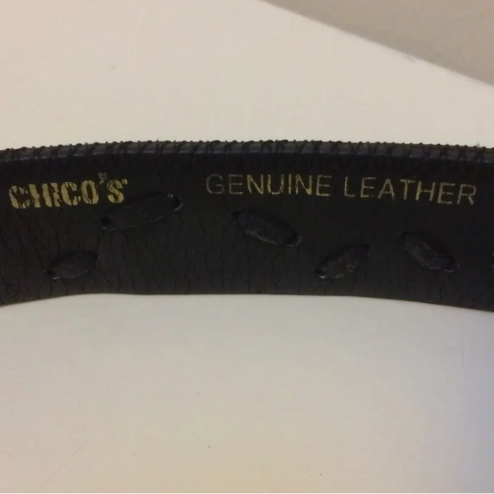 Chico's tooled black leather belt  Leopard Pattern etched brass buckle